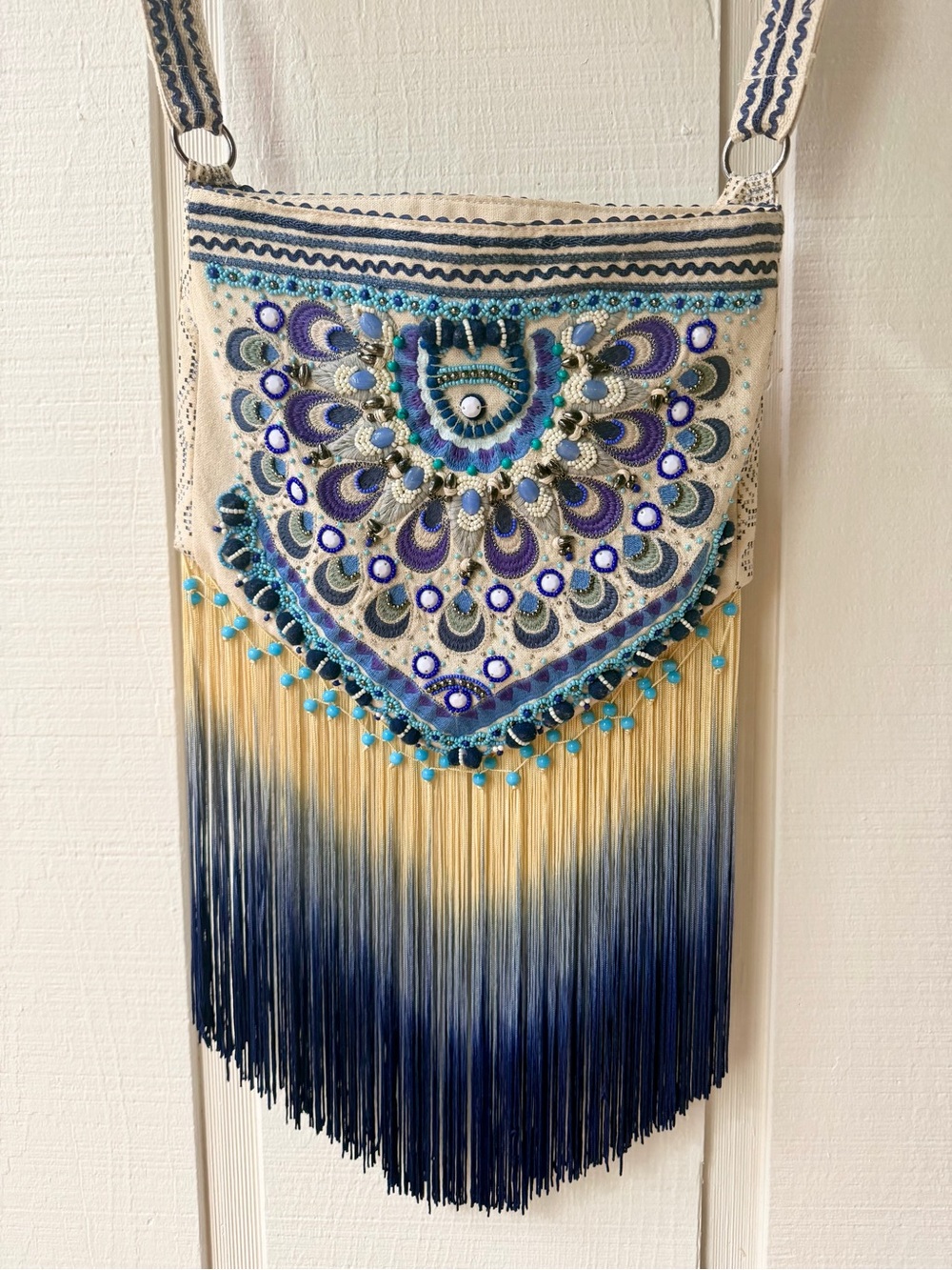 Embroidered Fringe Crossbody Bag in Blue and Cream